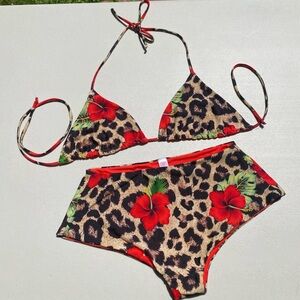 Leopard Print Bikini with Red Floral Accents
